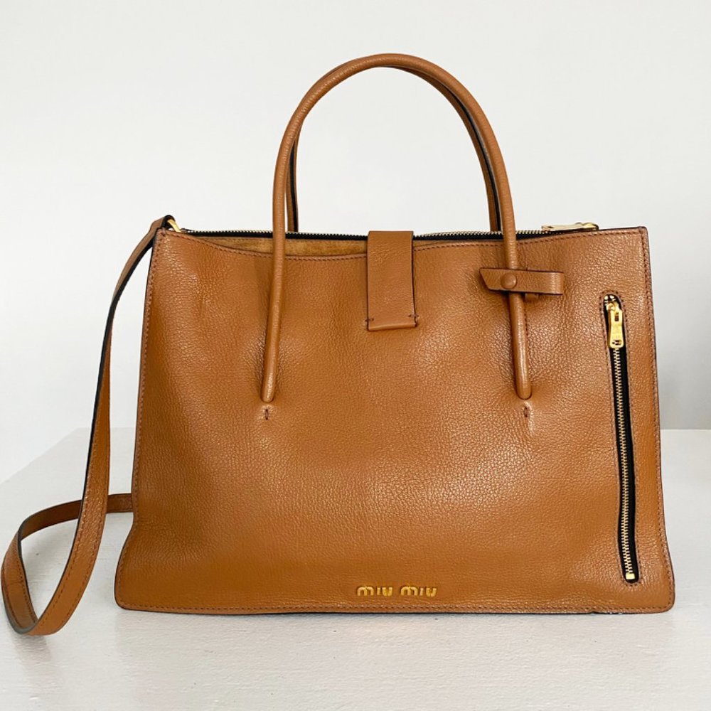 EUC MIU MIU Authentic Top Handle Cross Body Convertible Madras Leather Bag